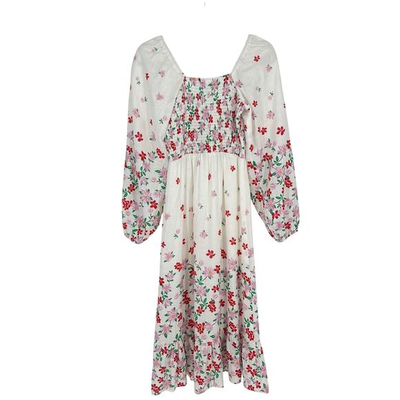 Draper James Floral Midi Dress Size S Smocked Puff Sleeve Linen Blend White Boho - Picture 3 of 14